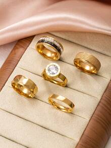 5件套优雅不锈钢哑光锆石钻石形戒指套装，适合女士日常佩戴 - 金色 - 查看 9