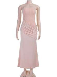 Elegant Strapless Textured Maxi Dress For Summer - Berwarna merah muda - View 6