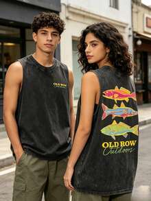 Men's Casual Summer Washed Cotton T-Shirt Old Row Outdoor Fish Print, Round Neck Short Sleeve Lightweight Knitted Fabric, Rib Details 100% Cotton - 黑色背心 - 查看 3
