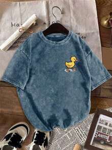Áo thun ngắn tay in hình vịt cỡ lớn phong cách Y2K Streetwear, cổ tròn, dáng regular fit, chất liệu vải dệt kim đã qua xử lý, có độ co giãn nhẹ. - Màu xanh lam - Xem 6