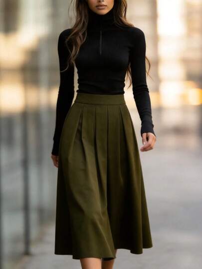 Elegant Commuter Solid Color Pleated Skirt