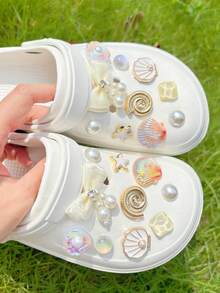 20pcs Gold Ocean Series Shoe Charms, Shell, Starfish, Bow DIY Accessories, Series Charm Set, Suitable For Perforated Slippers - White Gold - View 7