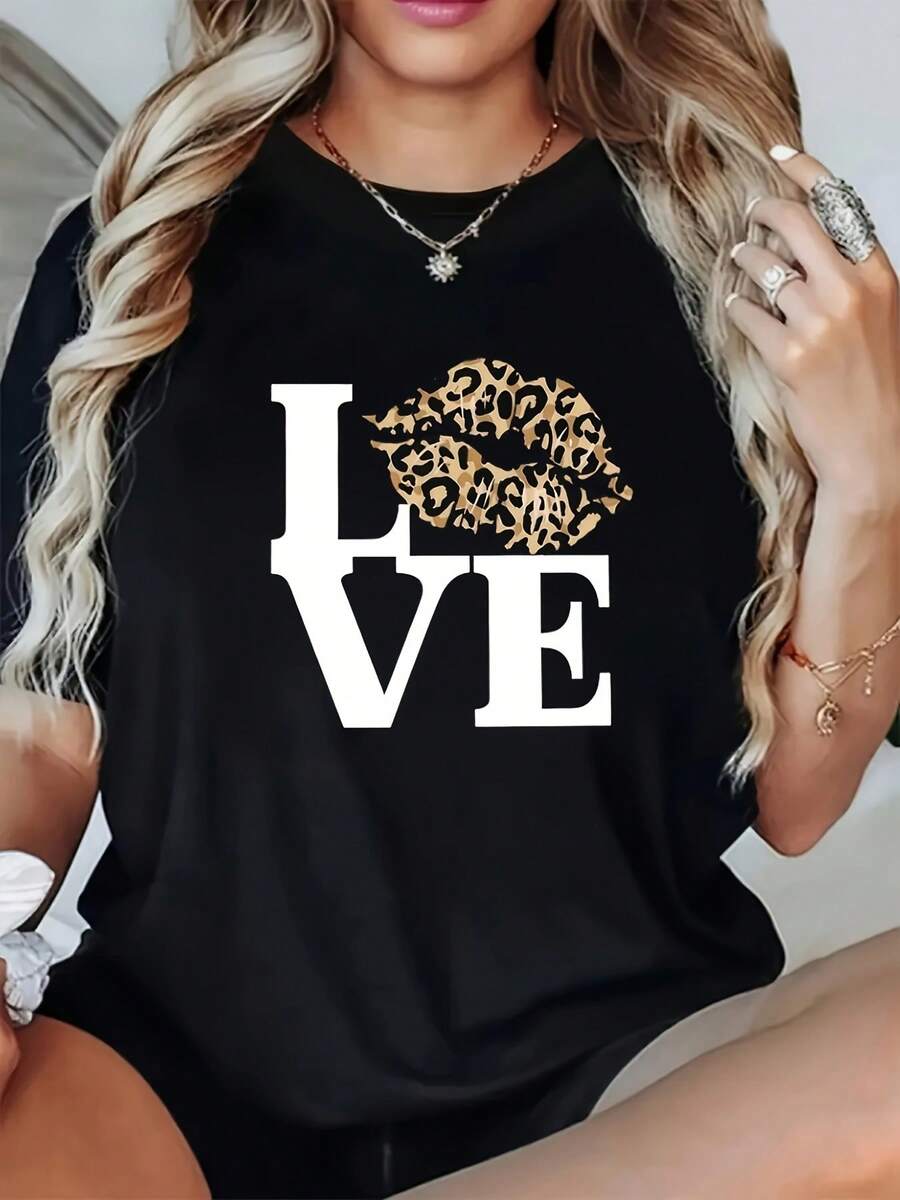 New LOVE Leopard Print Pattern T-Shirt for Women