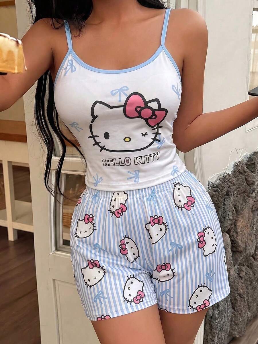 SANRIO Hello Kitty图案女士睡衣套装(2件套),柔软吊带背心和短裤睡衣,舒适休闲家居服 - 淺藍色 - 查看 1