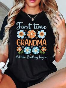 First Time Grandma Flower Graphic Print T-Shirt - Women's Spring/Summer Short Sleeve Crew Neck T-Shirt - Casual Daily Wear, Holiday Gift, Festival Activity - 黑色 - 查看 1