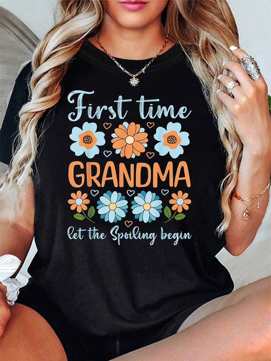 First Time Grandma Flower Graphic Print T-Shirt - Women's Spring/Summer Short Sleeve Crew Neck T-Shirt - Casual Daily Wear, Holiday Gift, Festival Activity - 黑色 - 查看 1