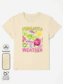 Áo thun nữ cỡ lớn cổ tròn tay ngắn in hình cocktail mùa hè mát mẻ, thoáng mát; Áo thun nữ cổ tròn tay ngắn in hình cocktail Margarita mùa hè trẻ trung, năng động màu mơ. - Màu be - Xem 5