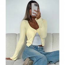 Hugcitar moda cuello cuadrado sólido manga larga acampanada botones Sexy Crop camiseta Top otoño mujer traje ropa de calle fiesta Festival - Amarillo - Ver 3