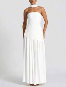 Vestido elegante y sexy de unicolor con abertura para fiesta, vacaciones y boda, color verde oscuro para primavera - Blanco - Ver 6