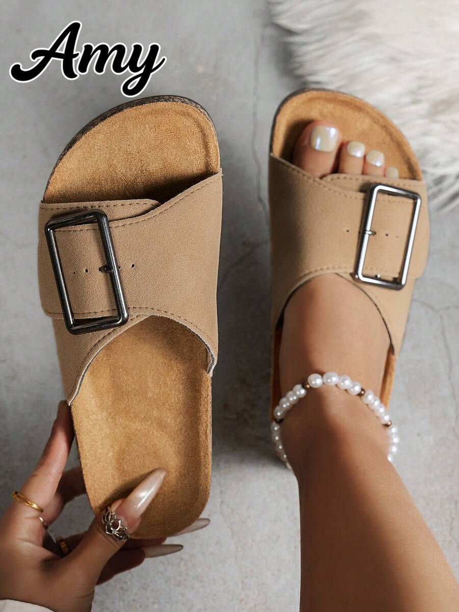 Sandal Datar Kasual Wanita Serbaguna, Dengan Penopang Lengkungan Kaki dan Gesper yang Dapat Diatur, Tahan Aus dan Anti Selip, Sandal Bertali Tunggal dengan Ujung Bulat