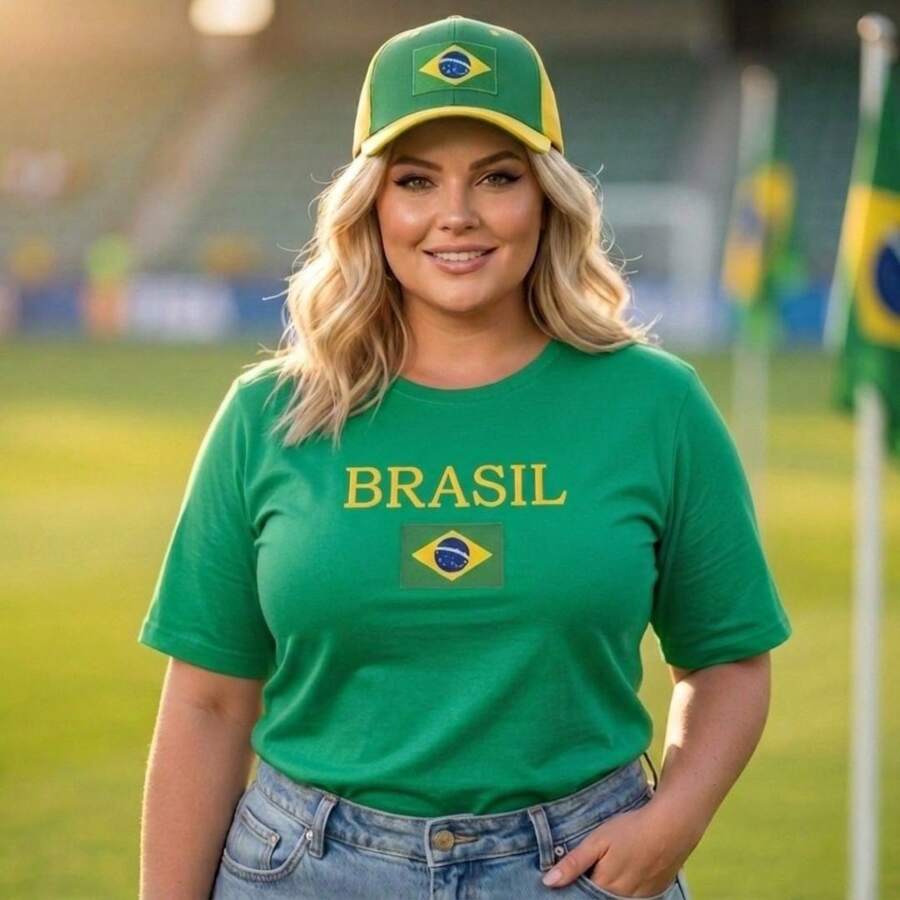 Plus Size T-Shirt, 100% Cotton, Crew Neck, Brazil Flag, Large Size Fashion - 綠旗 - 查看 1