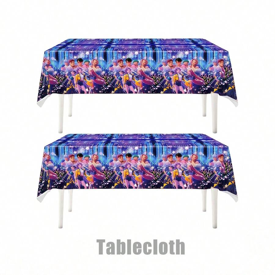 1 pieza Mantel impermeable con tema K-POP D-Emon H-Unters, cubierta de mesa impresa con personajes de ídolos a prueba de aceite, tela decorativa para reuniones de fans adultos - Multicolor - Ver 1