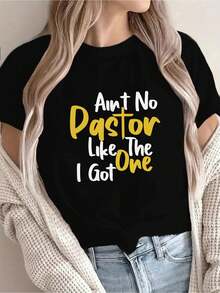 Women's Christian T-Shirt, "There's No Pastor Like The One" Graphic Tee, Lightweight Everyday And Church Tee, Christian Clothing For Women, Pastor's Daughter T-Shirt, Green With Yellow Lettering, Spring/Summer Casual Top, Machine Washable - 黑色 - 查看 1