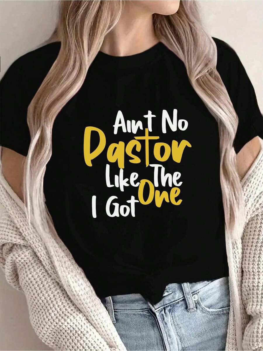 Women's Christian T-Shirt, "There's No Pastor Like The One" Graphic Tee, Lightweight Everyday And Church Tee, Christian Clothing For Women, Pastor's Daughter T-Shirt, Green With Yellow Lettering, Spring/Summer Casual Top, Machine Washable - 黑色 - 查看 1