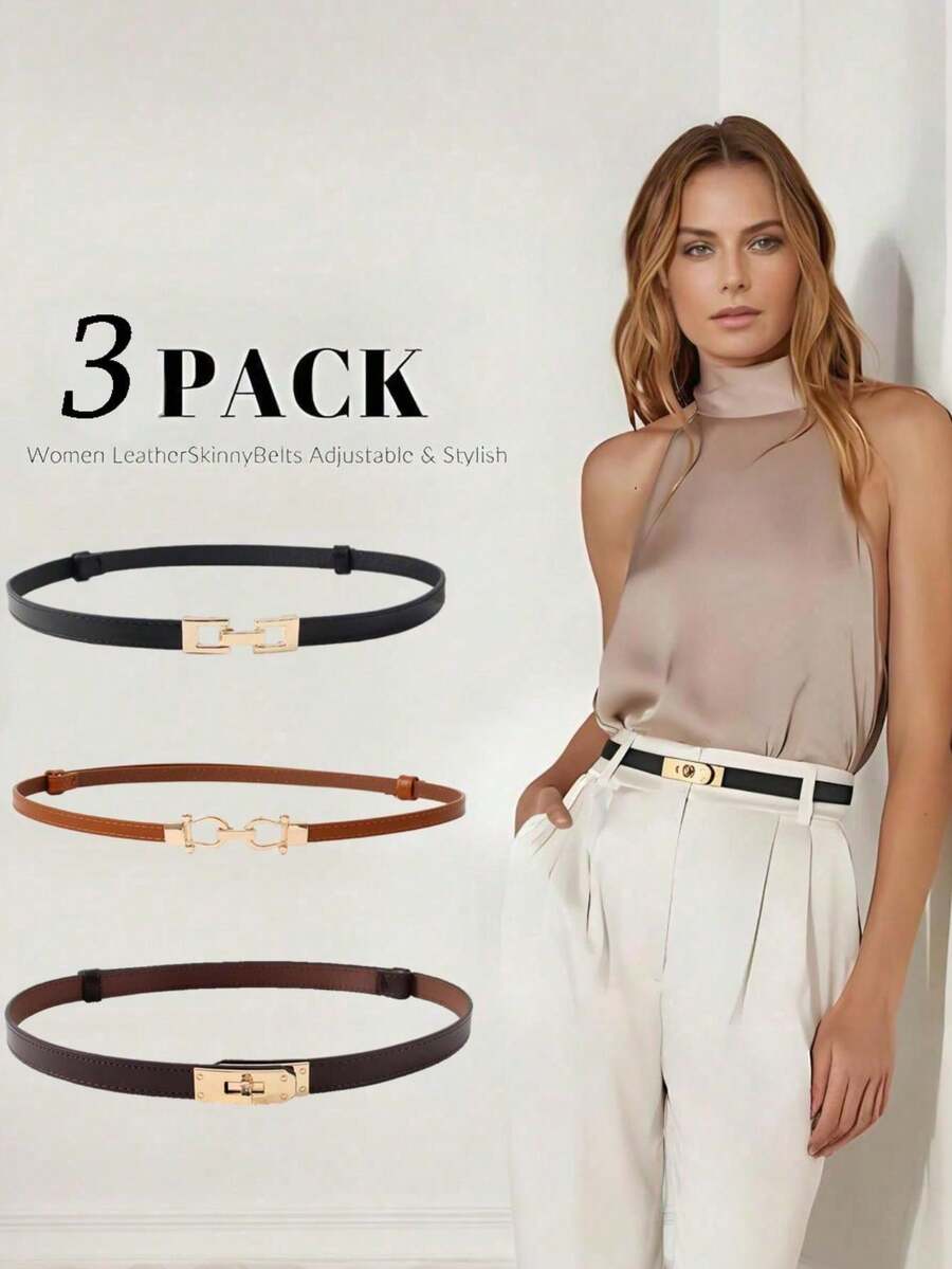 1/3 Peças Cinto Fino Versátil de Moda para Mulheres, Material de PU, Fivela Dourada, Adequado para Vestidos, Calças, Ternos, Presente Ideal para Amigos, Família e Namorada, Adequado para Uso Diário, Trabalho e Lazer - Multicolorido 1 - Visão 1