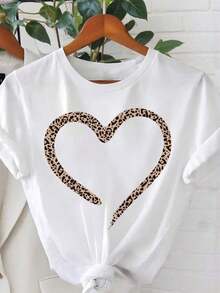 Women's Short-Sleeved, Round-Neck Casual T-Shirt With Heart Print, Perfect For Summer Wear And New Year's Gifts, Printed Blouses For Women. Leisure - 白色 - 查看 3
