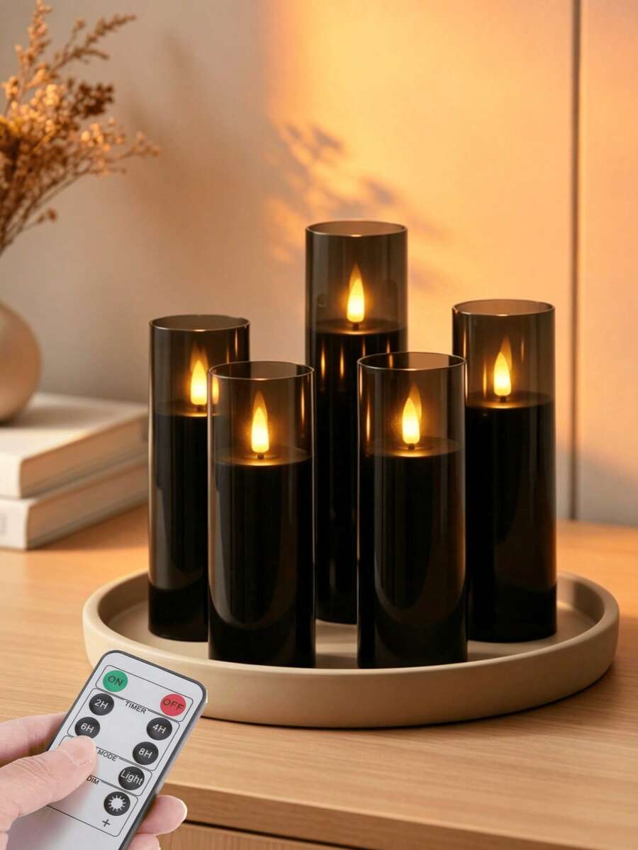 5 piezas de velas sin llama parpadeantes, velas a pilas, velas acrílicas irrompibles con control remoto, accesorios para cumpleaños y bodas, adecuadas para linternas, jardín, decoración navideña del hogar, regalos de Pascua, graduación, Día de San Valentín (Negro) - Taza negra en forma de bala - Ver 1