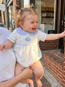 Baby Short Sleeve Romper Embroidered Plaid Doll Collar Summer Bubble Bodysuit For Girls Boys - 藍色 - 查看 4