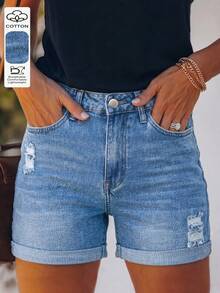 Quần short denim nữ dáng suông, ôm sát, rách gấu, kiểu dáng mới, phong cách xuyên biên giới châu Âu và Mỹ, thích hợp cho mùa hè. - Rửa trung bình - Xem 1