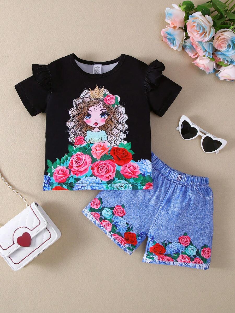 Girls' Fashion Print Set, Including Round Neck Short Sleeve T-Shirt And Faux Denim Shorts (With Fake Pockets), Suitable For Outdoor Activities - Black - View 1