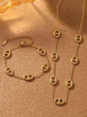 1 Stück minimalistisches, schickes, kreatives geometrisches Halsketten- und Armband-Set, Luxus-Edelstahl-Schweinenase-Halskette und -Armband, Modeschmuck