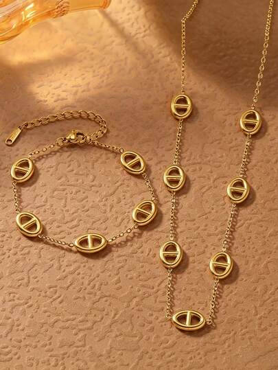 1pc Minimalist Chic Creative Geometric Necklace & Bracelet Set, Luxury Stainless Steel Pig Nose Necklace & Bracelet, Fashion Jewelry