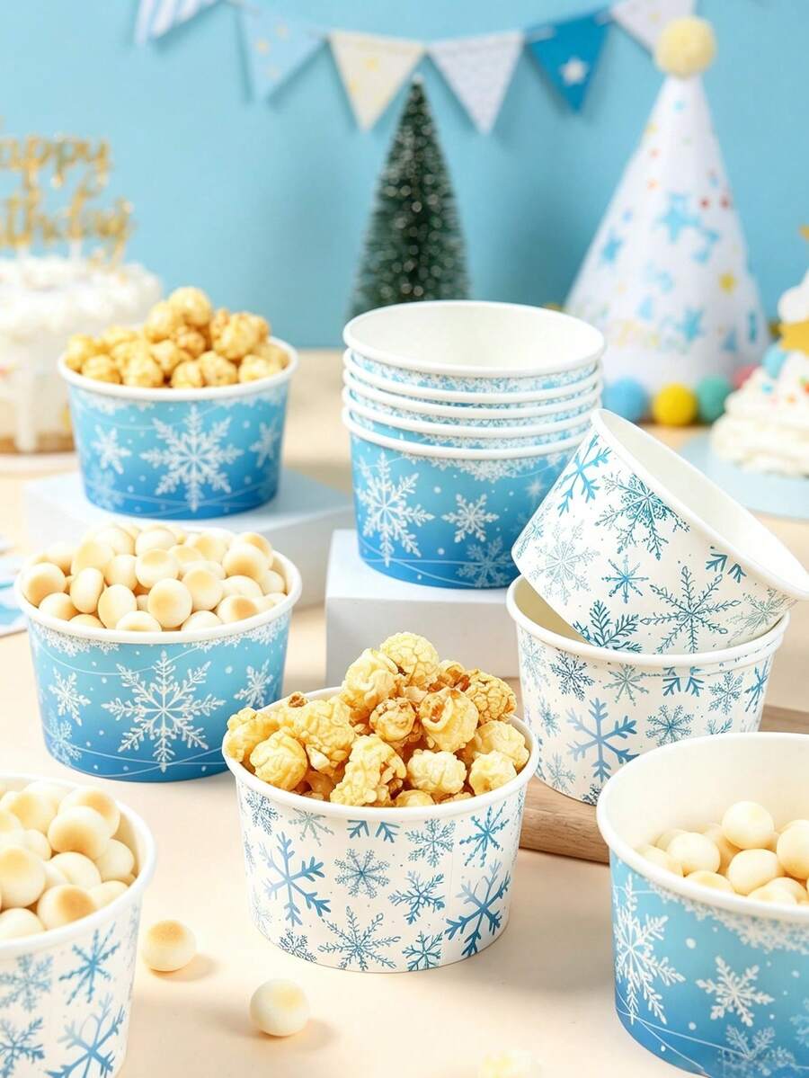 10件套雪花图案一次性纸碗、冰淇淋杯、零食碗、餐盘，适用于婴儿派对、性别揭晓派对等场合，可用作一次性餐具、冬季雪花主题生日派对装饰、婴儿派对装饰、性别揭晓派对装饰、男女宝宝周岁生日派对、婴儿生日派对用品、冬季雪花主题派对装饰、圣诞节装饰、礼品包装盒、餐碗，也适用于电影之夜、露营、野餐等场合。