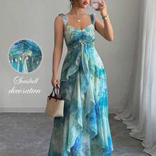 Women's Elegant Flutter Sleeve Heart Neckline Cinched Waist Ruffle Layered Asymmetrical Hem A-Line Tie Dye Watercolor Floral Print Long Maxi Dress, Casual Summer - Multicolor - Ver 2