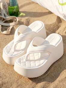 Women's Platform Wedge Flip Flops, Solid Color Thick Sole Slip-Resistant EVA Beach & Daily Slippers, Summer - White - View 5