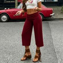 Women Fold Over Lounge Capris Wide Leg Cropped Flowy Gaucho Pants Comfy Casual Yoga Coluttes Pajama Bottom - Màu Đỏ Sâu - Xem 5
