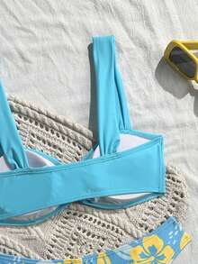 Bộ bikini mới với họa tiết hoa và dây đeo hình vỏ sò, áo bikini gợi cảm và quần bikini màu trơn, thích hợp cho bãi biển, tiệc bể bơi và kỳ nghỉ. - Màu xanh nhạt - Xem 8