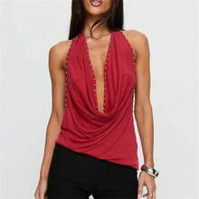 Top Halter Chic para Mujer con Cuello Drapeado y Remaches, Estilo Y2K Rave, con Detalles Tachonados, Espalda Descubierta y Fruncido, para Fiesta y Club - Gris - Ver 4
