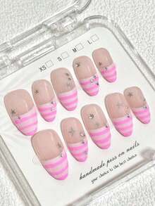 10pcs Minimalist Daily INS Cute Baddie Y2k Hand-Painted French Pink Striped Pentagram Rhinestone Almond-Shaped Short Nail Art Stickers, Press-On Nails - 粉色 - 查看 1