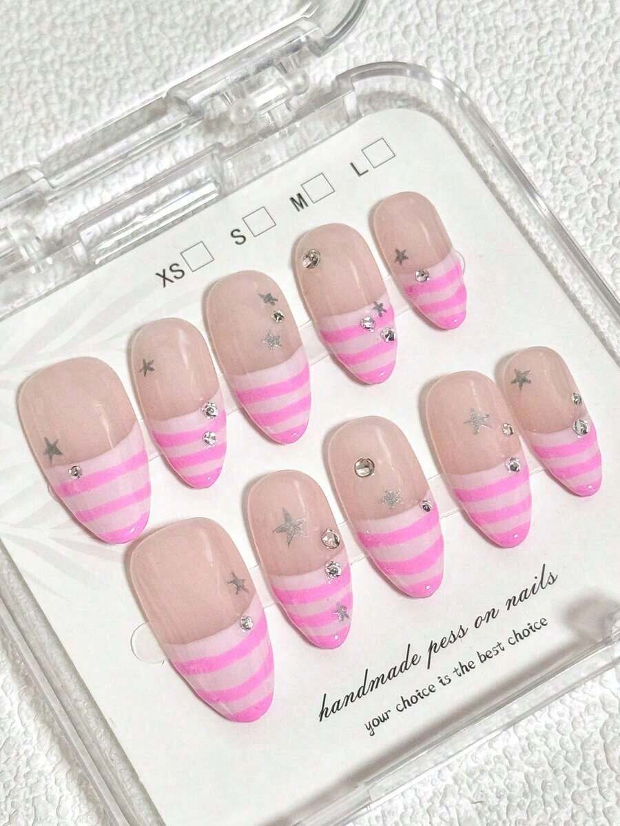 10pcs Minimalist Daily INS Cute Baddie Y2k Hand-Painted French Pink Striped Pentagram Rhinestone Almond-Shaped Short Nail Art Stickers, Press-On Nails - 粉色 - 查看 1