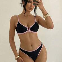 Swim  Women's Colorblock Cutout V-Neck Tankini Swimwear, Sexy European Style Swimwear For Summer Beach Vacation - Negro - Ver 4
