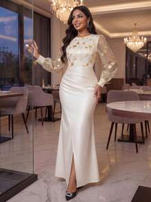 SHEIN Lady Đầm dài tay phồng cổ tròn thanh lịch kiểu vintage dành cho nữ - Nhiều màu - Xem 5