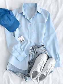 Eleganter, lässiger Stil mit weitem Langarm-Design, Knopfkragen, geeignet als Casual-Top für alle Jahreszeiten, passend für den täglichen Frühlingslook - Helle Waschung - Übersicht 1