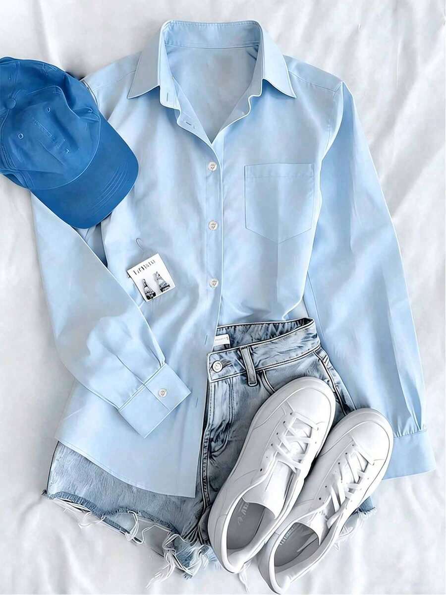 Eleganter, lässiger Stil mit weitem Langarm-Design, Knopfkragen, geeignet als Casual-Top für alle Jahreszeiten, passend für den täglichen Frühlingslook - Helle Waschung - Übersicht 1