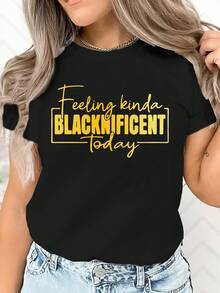 Camiseta gráfica de mujer "Feeling Kinda BLACKINCIENT Today" - Negro con letras amarillas, Top de cuello redondo de manga corta casual, tela de estiramiento medio, ropa diaria de primavera/verano lavable en máquina, camisetas de señoras, camiseta de ust relajado, material no transparente - Negro - Ver 2