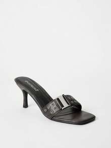 Women's Plain Color Metallic Decor Simple Casual Kitten Heel Mule Sandals, Fashion Open Toe Slip-On Summer Sandals - 黑色 - 查看 3