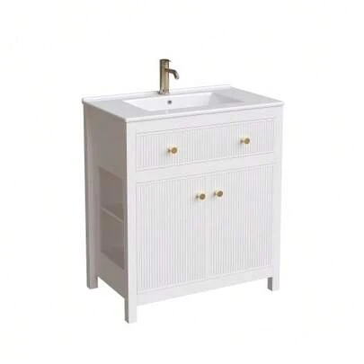 White Vanity Unit Measuring 81 X 46.5 Cm With Ceramic Basin, 1 Drawer And 1 Soft-Close Door, Modern Freestanding Vanity Unit With A Ribbed Design