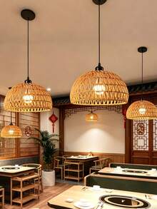 1pc Bohemian Style Rattan Pendant Light Shade, Vintage Ceiling Hanging Woven Round Rattan Lamp Shade, Suitable For Living Room, Kitchen, Island, Cafe Decor - Semicircle - View 3