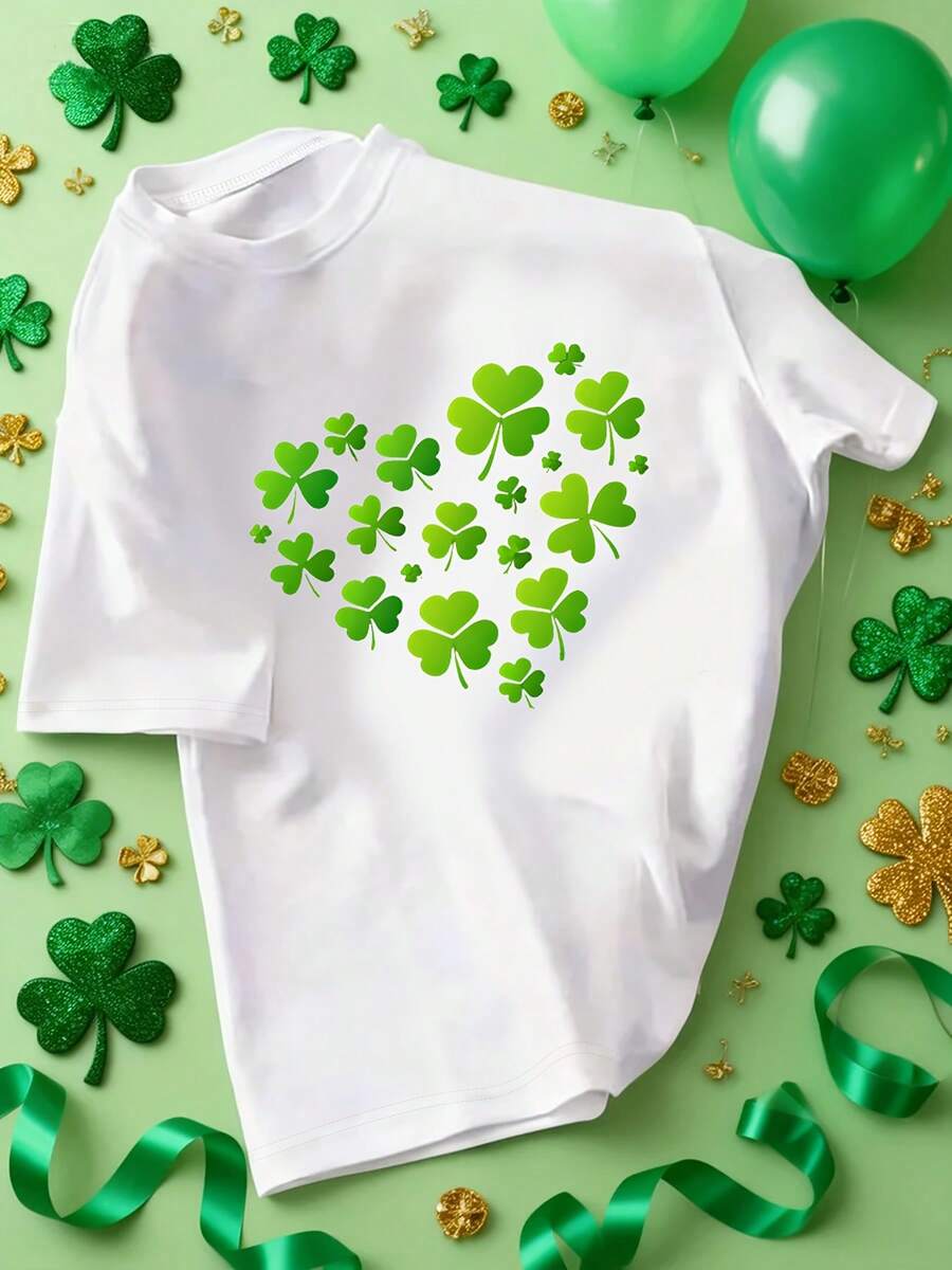 Heart-Print Cropped T-Shirt For St. Patrick's Day, Perfect For Everyday Wear - Stylish And Easy, Great As A Gift, Casual Crew Neck - Breathable, Lightweight And Comfortable, A Must-Have For A Spring And Summer Wardrobe - 白色 - 查看 1