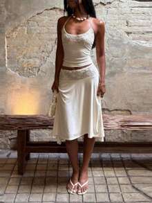 Elegant Women's Sleeveless Crop Camisole And Skirt Two-Piece Outfit Lace Detail Casual Set - 白色 - 查看 4