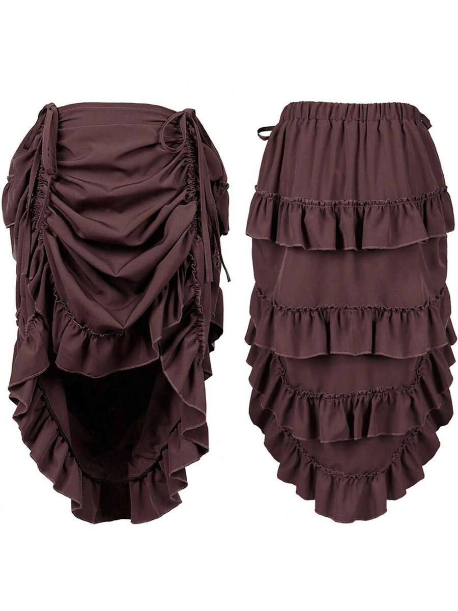 Women's Midi Skirt With Fitted Waist, Vintage Spring Style, Solid Color, Activity Dance Skirt, Cosplay Costume - Drawstring Skirt-brown - View 1