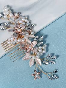 1pc Gold Leaf Faux Pearl Rhinestone Floral Hair Comb, Handmade Romantic Bridal Wedding Bridesmaid Hair Accessory, Evening Party Hair Clip,Festival,Birthday - Gold - View 8