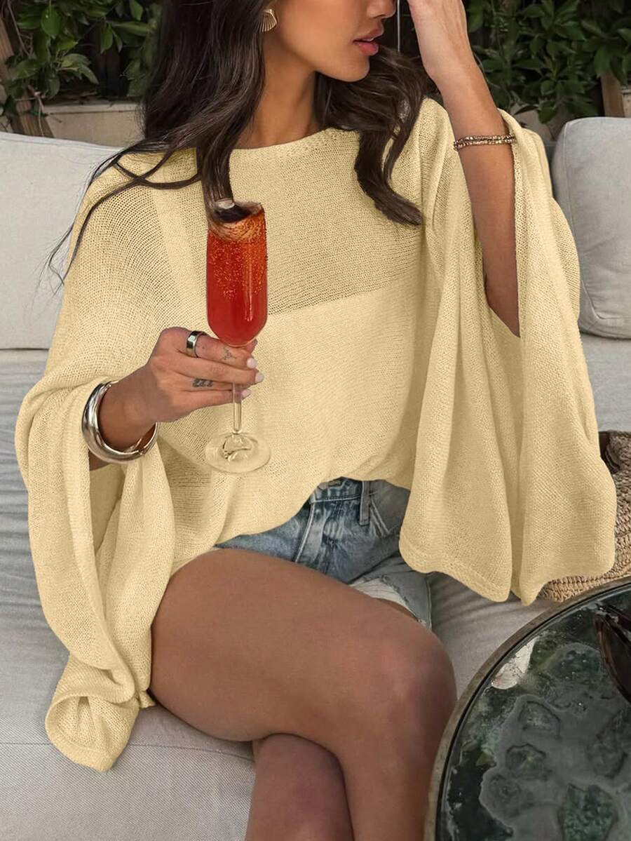 Women's Casual Vacation Versatile Minimalist Loose Comfortable Solid Color Knit Sweater, Off-Shoulder, Spring/Summer - Apricot - View 1