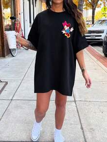 Disney Minnie Mouse Graphic Print Short Sleeve T-Shirt Dress, Front & Back Prints, Round Neck With Stretch, Suitable For Daily Wear, Women Short Sleeve Dress, Ladies T-Shirt Dress, Fashionable Casual T-Shirt Dress - Black - View 3