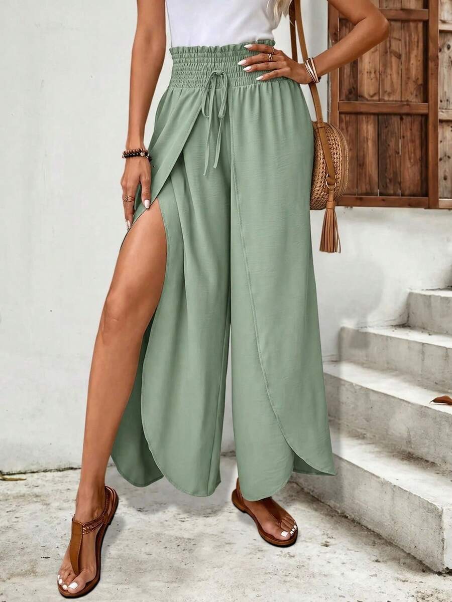 Woman Sage Wide Leg Pants – High Waist Split Flowy Summer Trousers - màu xanh lá - Xem 1
