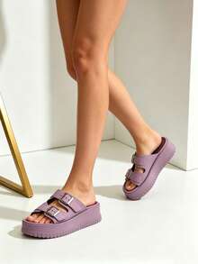 FZY Spring And Summer Women's Double-Strap Slide Sandals, Crafted From Soft, Wear-Resistant Fabric With Waterproof Performance, Featuring Bright Silver Metal Square Buckles With Adjustable Pin Closures To Fit Different Foot Shapes. Height-Increasing Slippers With A Highly Elastic Thick Platform Sole Design That Adds Height, Slims The Figure And Elongates Leg Lines. Casual Shoes With Serrated Anti-Slip Soles That Enhance Walking Safety, Fitting The Foot Shape For Comfortable, Breathable Wear, Beach Slide Sandals Suitable For Multiple Scenarios Including Daily Outings, Commuting To Work And Beach Vacations. Casual Outdoor Shoes That Pair Easily With Jeans,Boasting A Gentle Tone That Suits All Skin Tones And Multiple Styles, Outdoor Casual Shoes That Meet Women's Daily Wear And Comfort Needs. Combining Practicality And Appearance, Commute & Vacation Slide Sandals For Women Who Pursue Height Increase And Comfort, Casual Slide Sandals That Balance Appearance And Practicality In Easter Outfits. - Purple - View 10